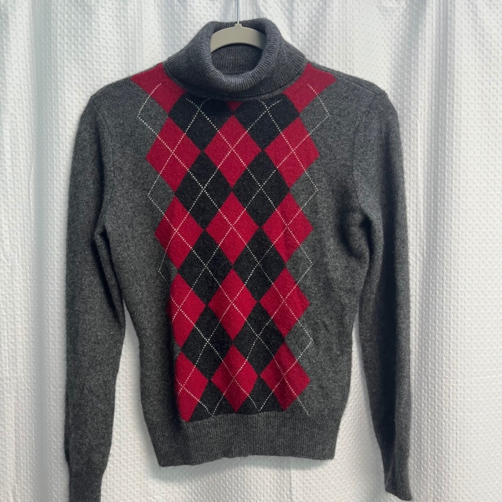 Apt 9 100% Cashmere Argyle Turtleneck Sweater Womens Medium Grey Red Black